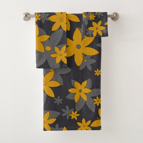 Mustard yellow flowers on dark grey and vines bath towel set