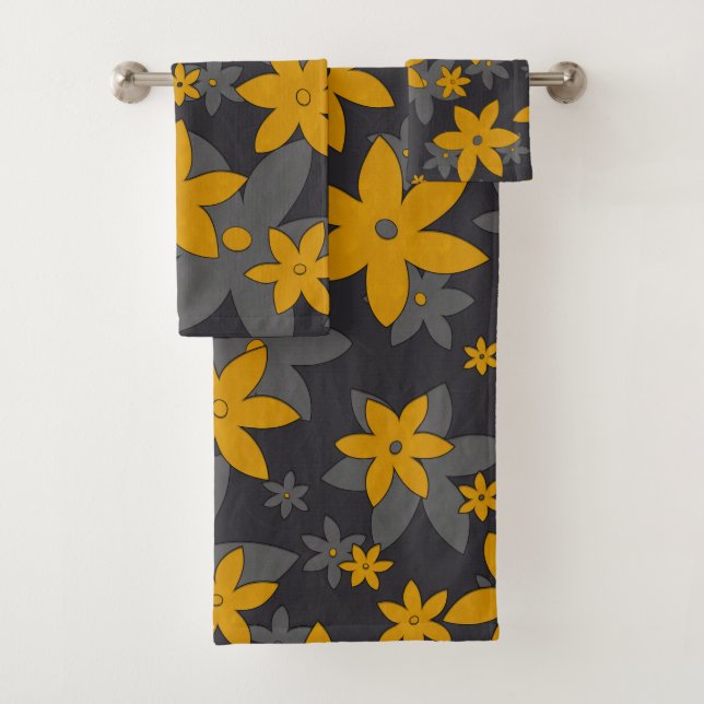 Mustard yellow flowers on dark grey and vines bath towel set (Insitu)