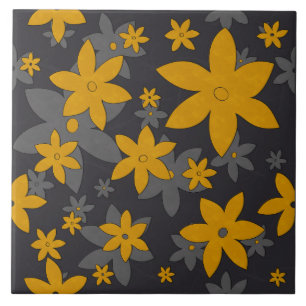 Mustard yellow flowers on dark grey and vines ceramic tile