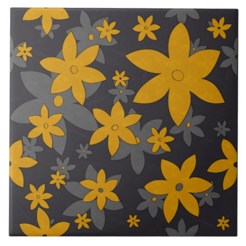 Mustard yellow flowers on dark grey and vines ceramic tile