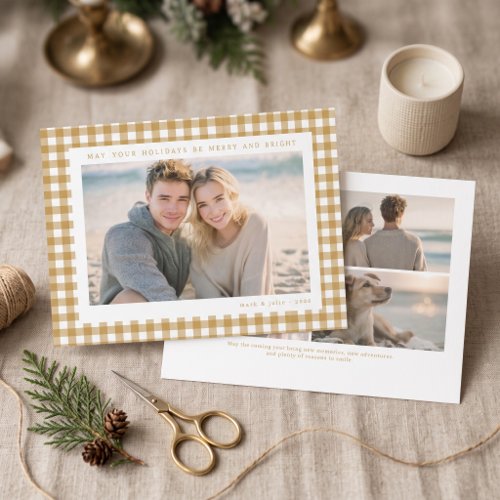 Mustard Yellow Gingham Frame Holiday Photo Card