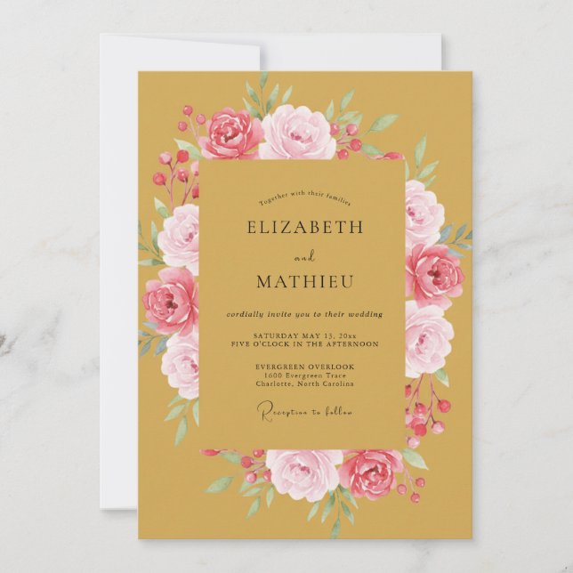 Mustard Yellow Graceful Floral Wedding Invitation (Front)