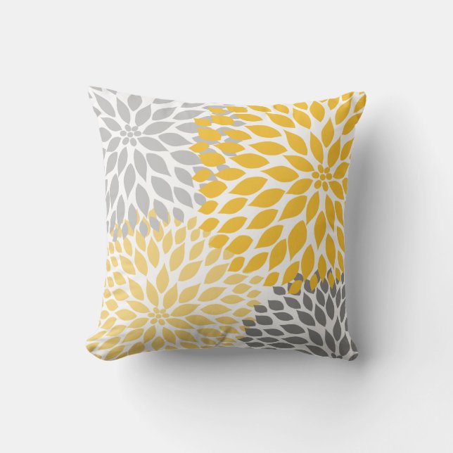 Mustard yellow gray abstract floral throw pillow (Front)