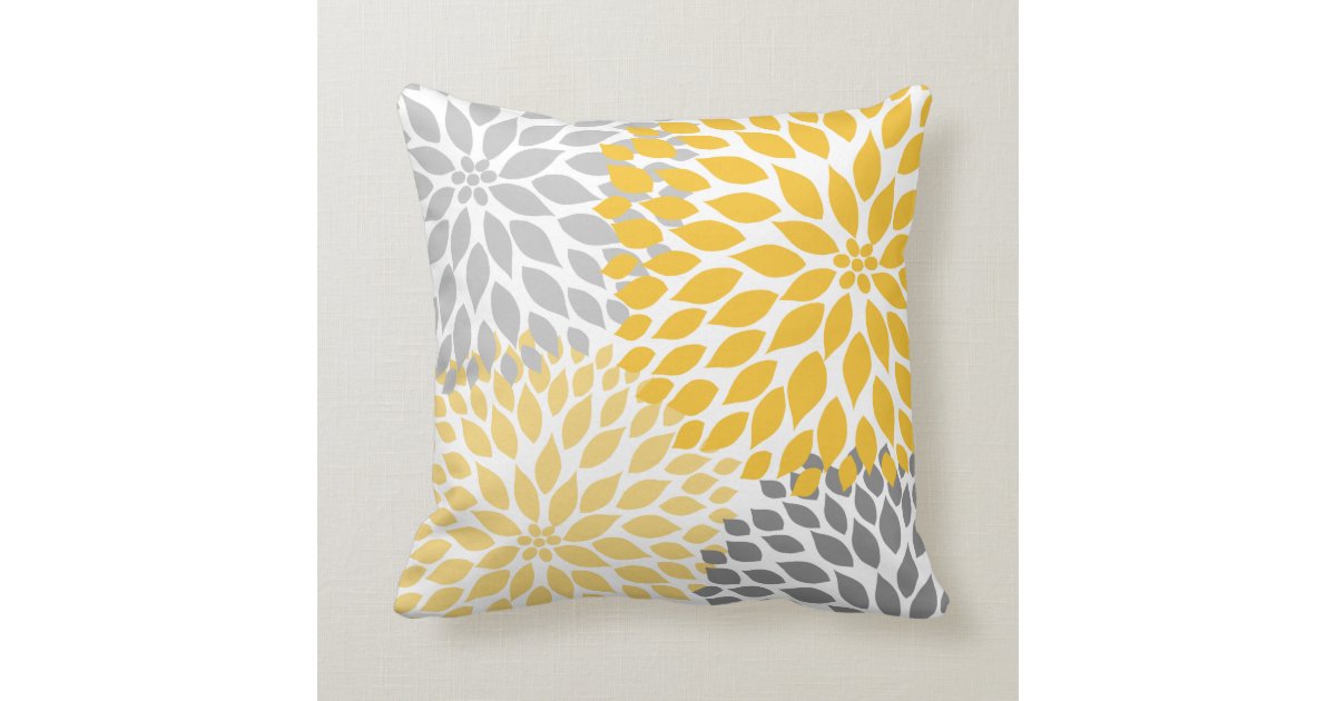 Mustard yellow gray abstract floral throw pillow