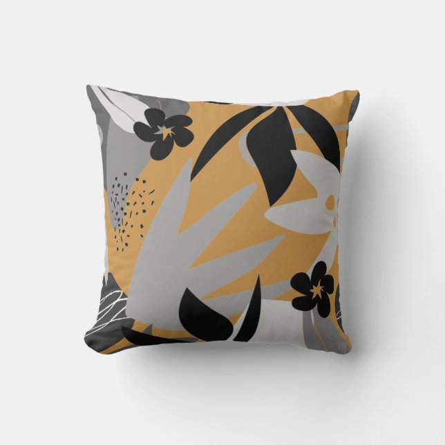 Mustard Yellow & Gray Artistic Abstract Leaves Throw Pillow (Front)