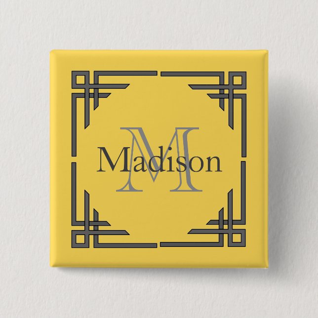 Mustard Yellow Gray Geometric Border Monogram Name Button (Front)