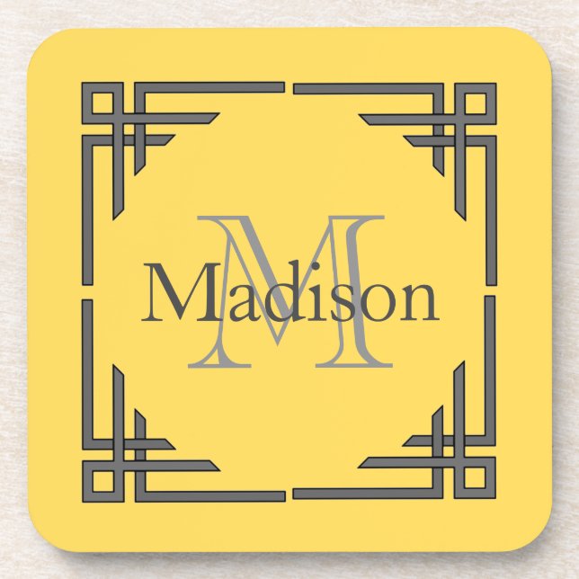 Mustard Yellow Gray Geometric Border Monogram Name Coaster (Front)