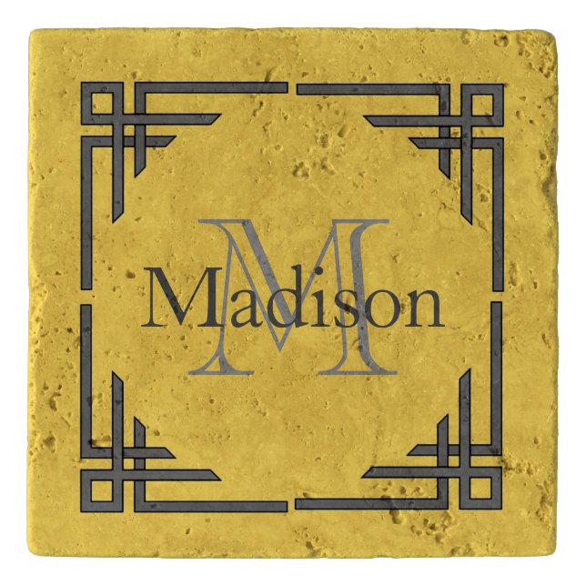 Mustard Yellow Gray Geometric Border Monogram Name Trivet (Front)