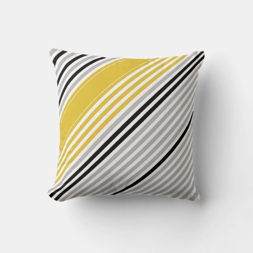 Mustard yellow grey black white stripes throw pillow