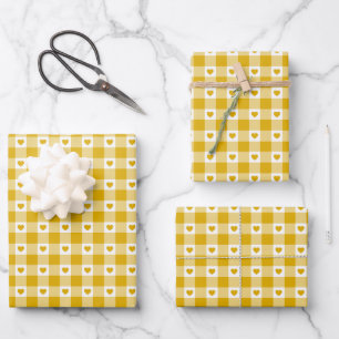 Mustard Yellow Heart Plaid Gingham Retro Color Wrapping Paper Sheets