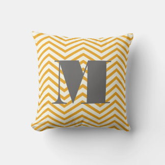 Mustard Yellow Ivory and Gray Monogram Zig Zag Throw Pillow
