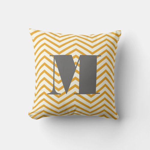 Mustard Yellow Ivory and Gray Monogram Zig Zag Throw Pillow