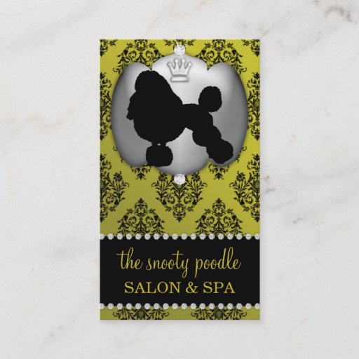 Customizable Mustard Yellow Jeweled Damask Dog Grooming/Spa Business Cards