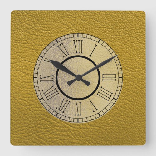 Mustard Yellow Leather w Gold and Roman Numerals Square Wall Clock