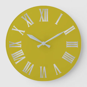 Mustard Yellow Lime Silver Gray Roman Number Large Clock