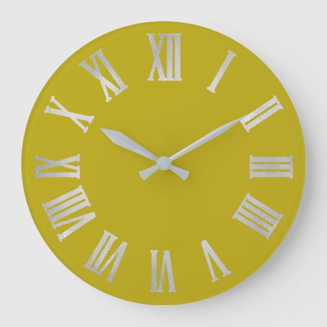 Mustard Yellow Lime  Silver Gray Roman Number Large Clock (Front)