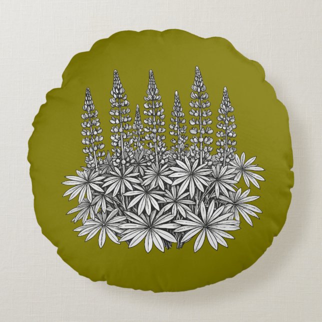 Mustard Yellow Lupine Floral Round Pillow (Front)