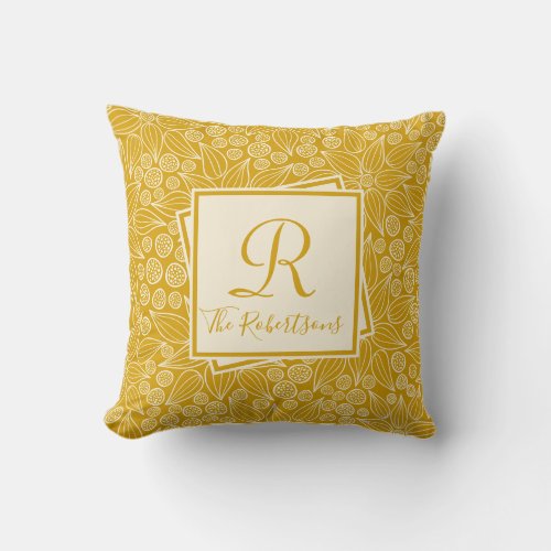 Mustard Yellow Modern Monogram Family Name Throw Pillow