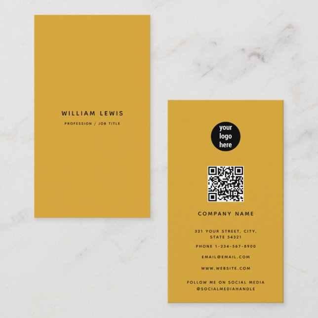 Mustard Yellow Modern QR Code Social Media Business Card (Front/Back)
