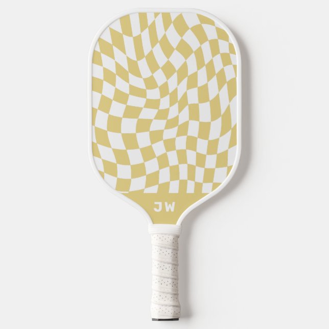 Mustard Yellow Monogram Vintage Wavy Checkered Pickleball Paddle (Front)