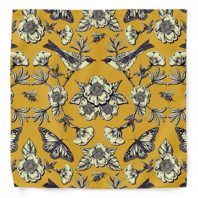 Mustard Yellow & Navy Birds, Butterflies & Flowers Bandana (Front)
