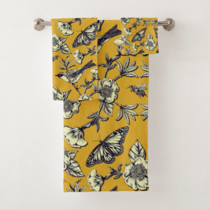 Mustard Yellow & Navy Birds, Butterflies & Flowers Bath Towel Set