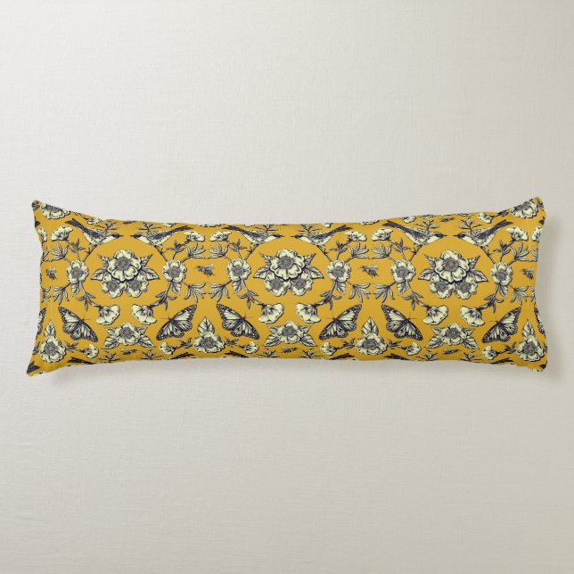 Mustard Yellow & Navy Birds, Butterflies & Flowers Body Pillow (Front)
