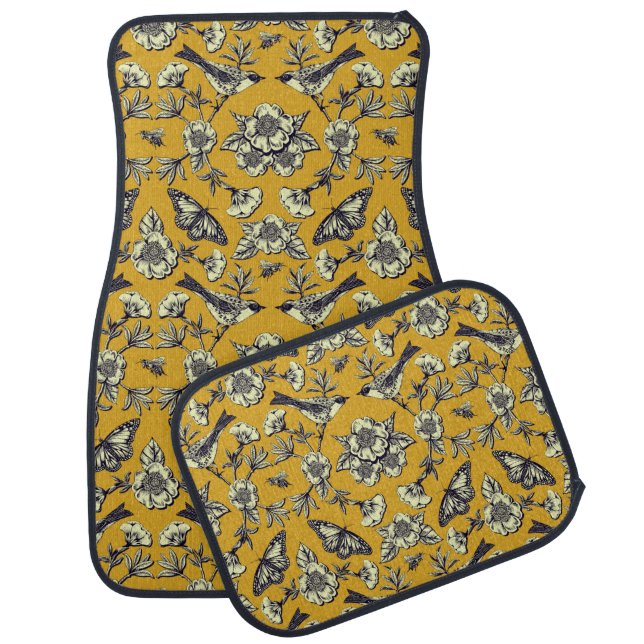 Mustard Yellow & Navy Birds, Butterflies & Flowers Car Floor Mat (Set)