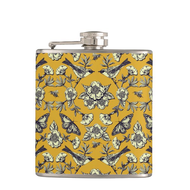 Mustard Yellow & Navy Birds, Butterflies & Flowers Flask (Front)