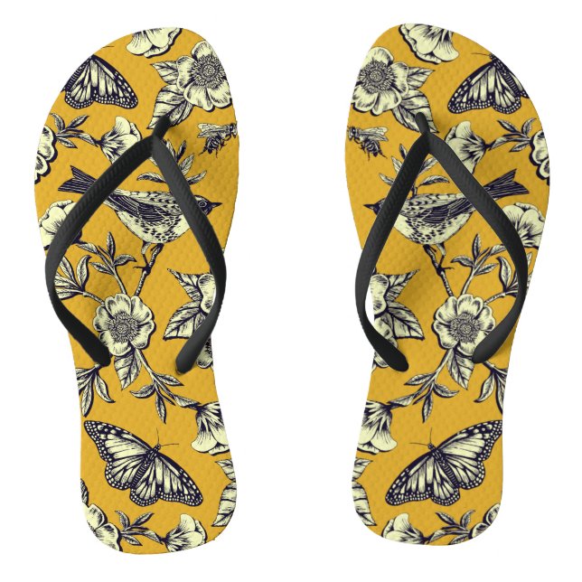 Mustard Yellow & Navy Birds, Butterflies & Flowers Flip Flops (Footbed)