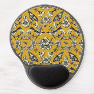 Mustard Yellow & Navy Birds, Butterflies & Flowers Gel Mouse Pad