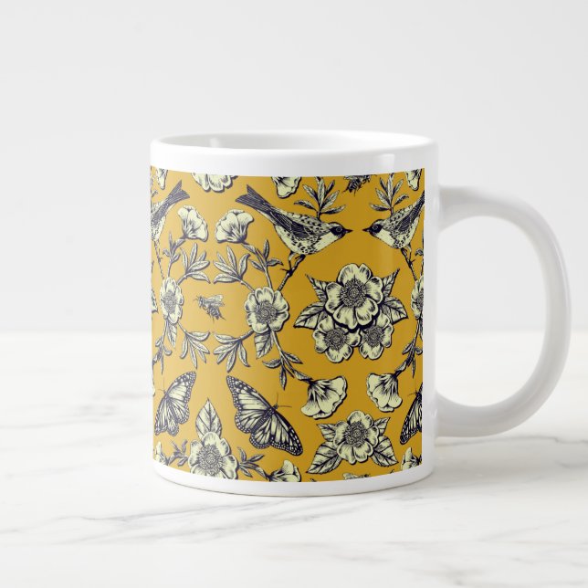 Mustard Yellow & Navy Birds, Butterflies & Flowers Giant Coffee Mug (Right)
