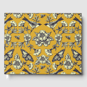 Mustard Yellow & Navy Birds, Butterflies & Flowers Guest Book