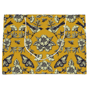Mustard Yellow & Navy Birds, Butterflies & Flowers Large Gift Bag