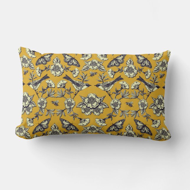 Mustard Yellow & Navy Birds, Butterflies & Flowers Lumbar Pillow (Front)