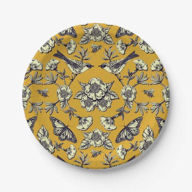 Mustard Yellow & Navy Birds, Butterflies & Flowers Paper Plates (Front)