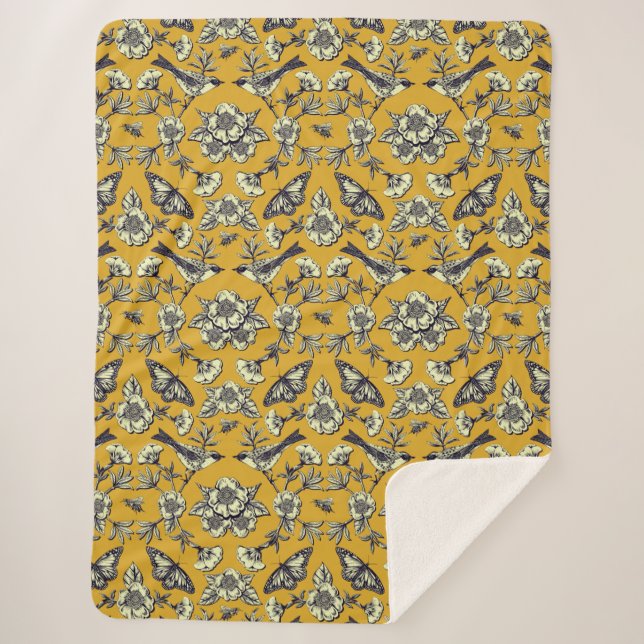 Mustard Yellow & Navy Birds, Butterflies & Flowers Sherpa Blanket (Front)