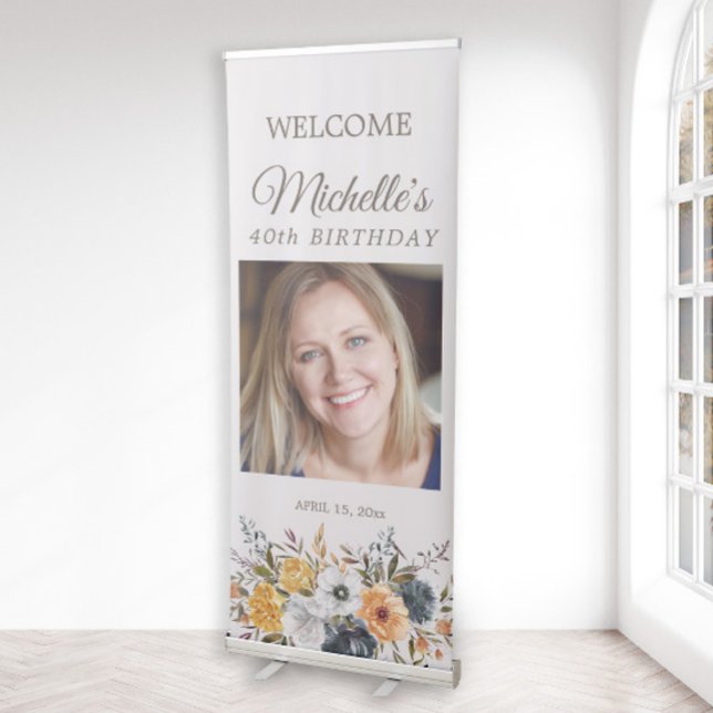Mustard Yellow Navy Blue 40th Birthday Welcome Retractable Banner (Mustard yellow and navy blue floral retractable birthday photo banner)