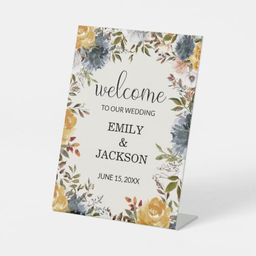 Mustard Yellow Navy Blue Floral Wedding Welcome Pedestal Sign