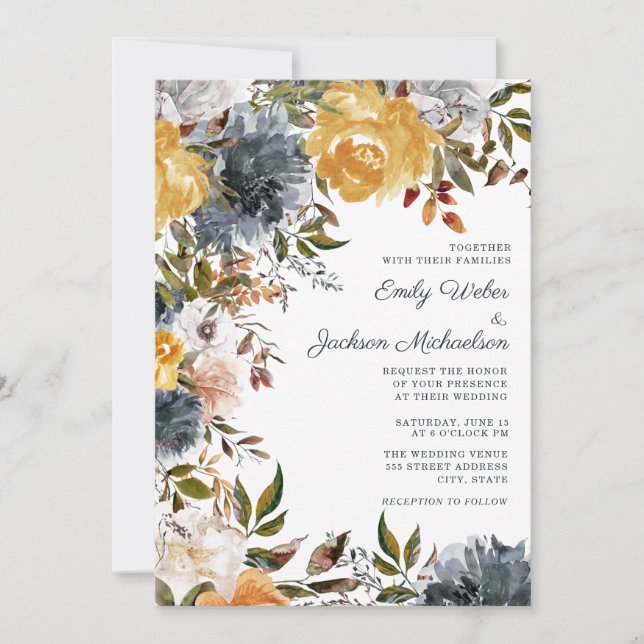 Mustard Yellow Navy Blue Watercolor Floral Wedding Invitation (Front)