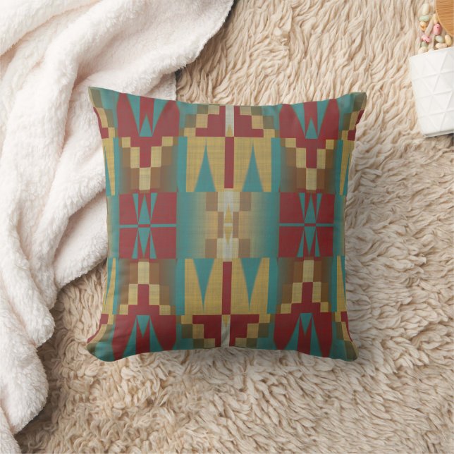 Mustard Yellow Ochre Red Brown Blue Tribal Art Throw Pillow (Blanket)