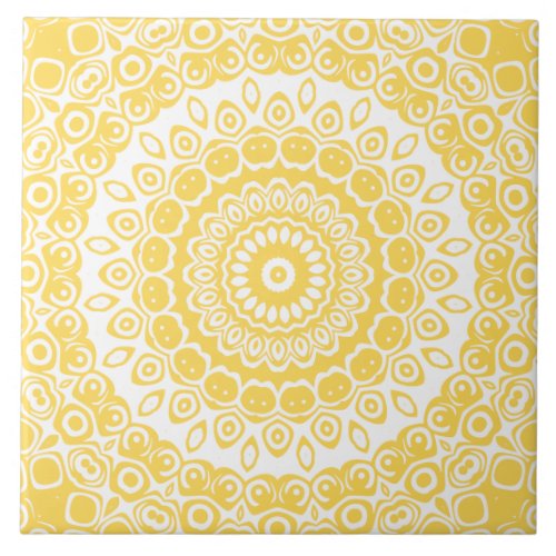 Mustard Yellow on White Mandala Kaleidoscope Ceramic Tile