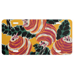 Mustard Yellow & Orange Art Deco Floral Decor License Plate
