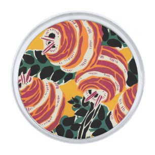 Mustard Yellow & Orange Art Deco Floral Decor Silver Finish Lapel Pin