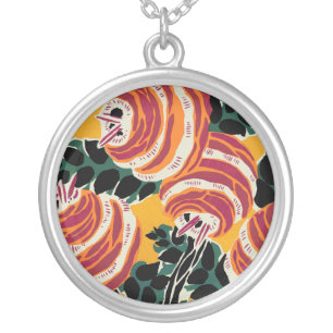 Mustard Yellow & Orange Art Deco Floral Decor Silver Plated Necklace