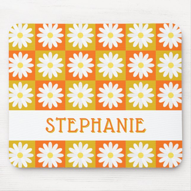 Mustard Yellow Orange Daisy Retro Checkerboard Mouse Pad (Front)