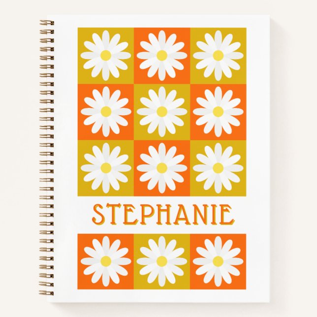 Mustard Yellow Orange Daisy Retro Checkerboard Notebook (Front)