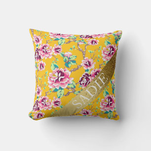 Mustard Yellow Pink Floral Gold Personalized Throw Pillow