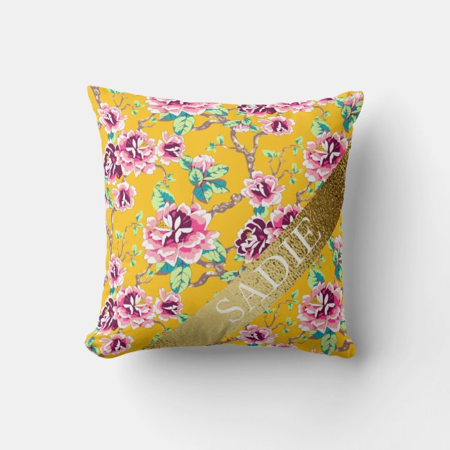 Mustard Yellow Pink Floral Gold Personalized Throw Pillow (Front)