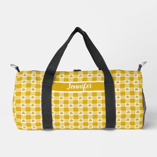 Mustard Yellow Plaid Shamrock Clover Customizable  Duffle Bag (Front)